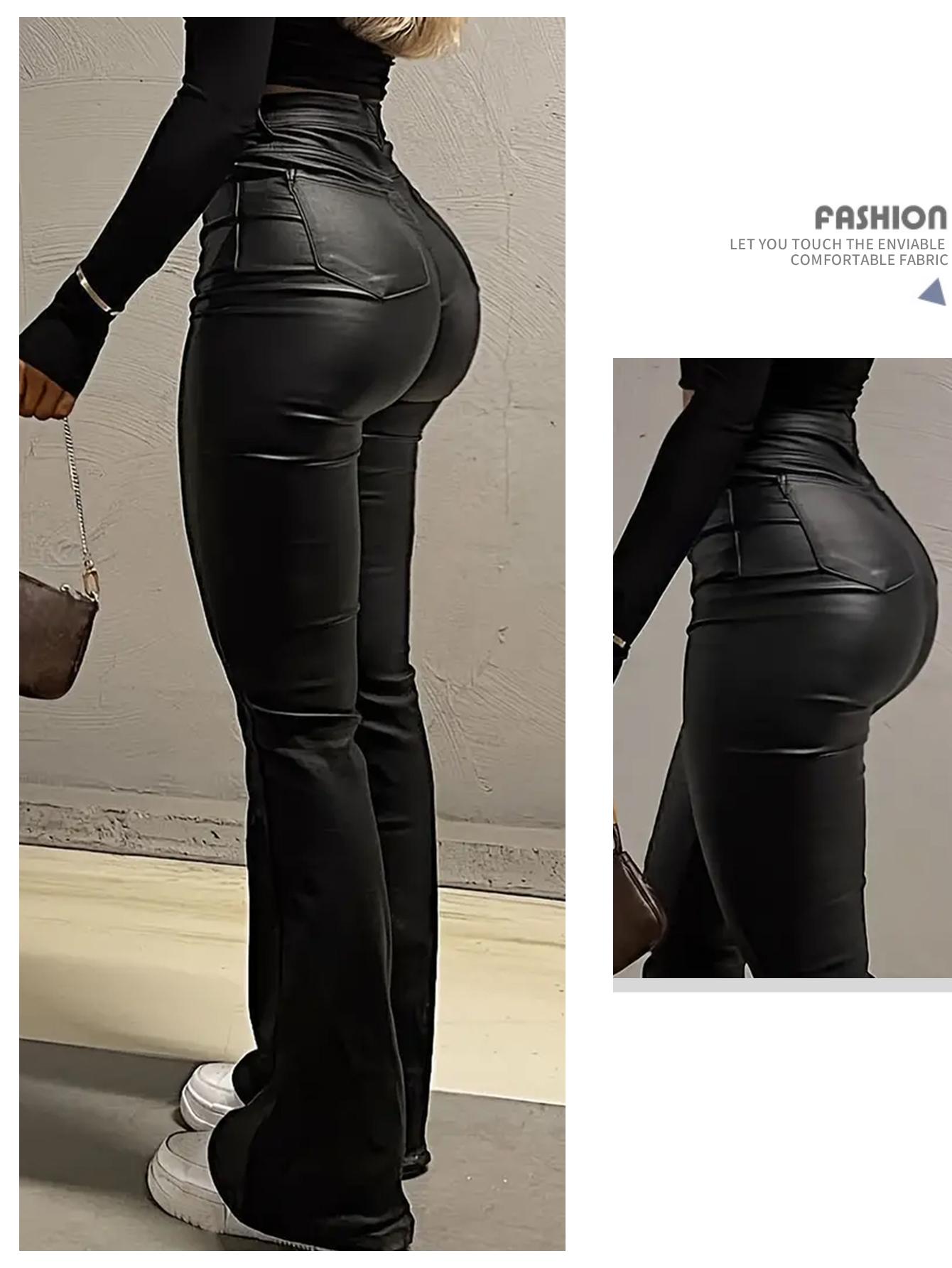 NVFelix Women Faux Leather Butt Lifting Leggings Flare High Waist Sexy Bell Bottom Pants