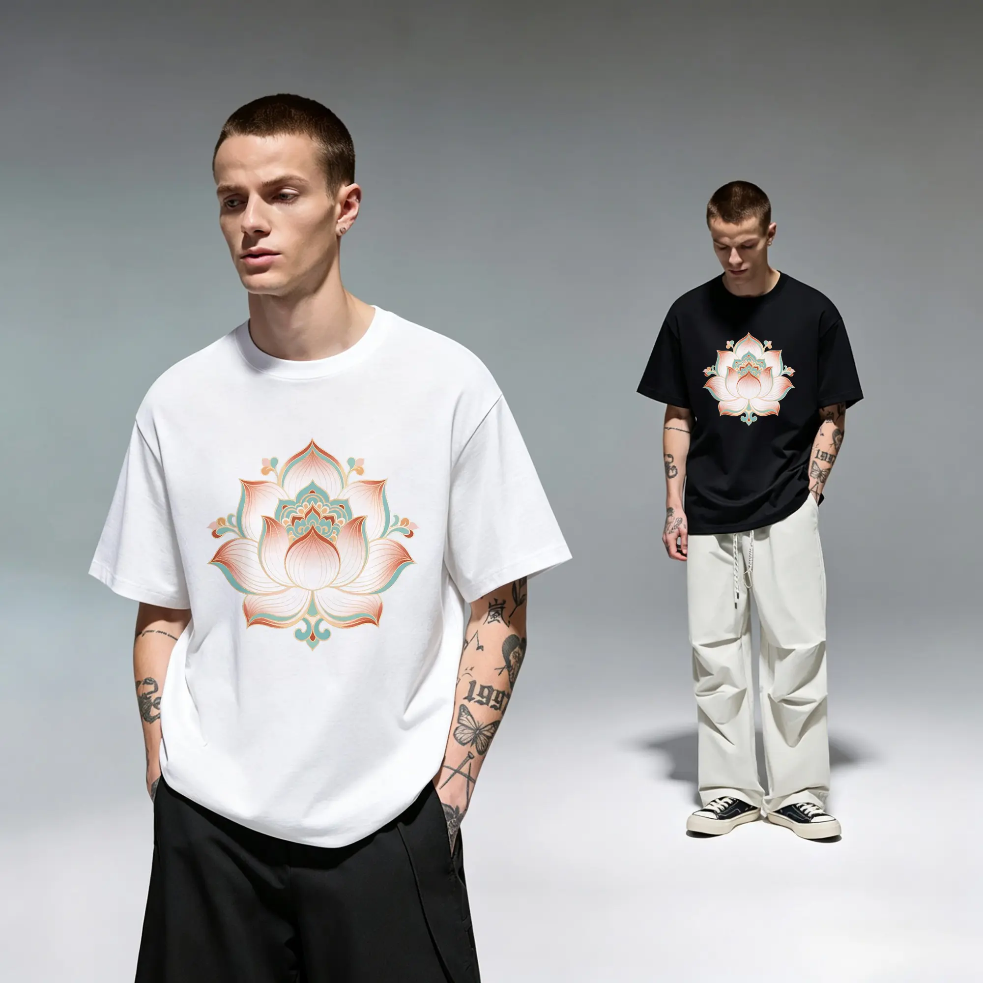 Sacred Lotus Flower Mandala Oriental Traditional Original Oversized Cotton Graphic Tee T-Shirt for Men Gift Cutting Ideas Women Teen Girls Boho Aesthetic Zen Spiritual Awakening Yoga Vibe Casual Everyday Wear Urban Streetwear Apparel Top