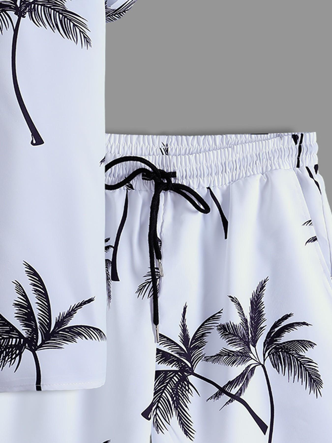 Men's White & Black, Tropical Palm Tree Print Loungewear Set - Short-Sleeve Button-Up Shirt (Rolled Cuffs) + Drawstring Shorts, Ultra-Soft Smooth Fabric, Relaxed Oversize Fit, Perfect for At-Home Lounging, Evening Movie Nights, Lazy Weeke Men's White & Black, Tropical Palm Tree Print Loungewear Set - Short-Sleeve Button-Up Shirt (Rolled Cuffs) + Drawstring Shorts, Ultra-Soft Smooth Fabric, Relaxed Oversize Fit, Perfect for At-Home Lounging, Evening Movie Nights, Lazy Weeke