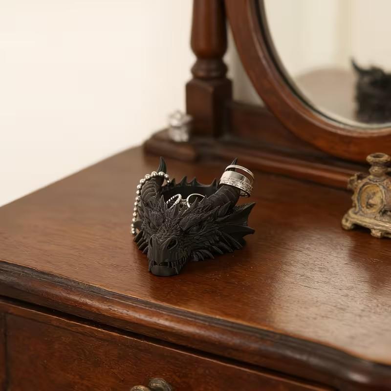 Gothic Dragon Head Jewelry Organizer Tray, Dark Theme Desktop Decor, Practical Ring Necklace Holder, Cool Desk Accessory