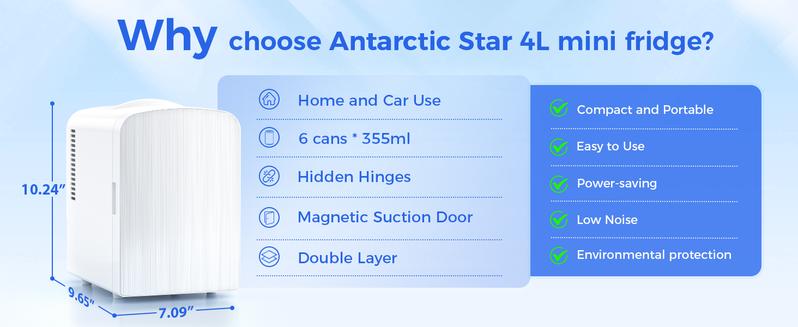 Antarctic Star Compact Refrigerator, Portable Mini Fridge, Skin Care 4L Capacity/6 Cans, for Bedroom, Car, Office & Dorm, Small Cooler for Cosmetics, Magnetic Brushed Stainless Steel Door, White
