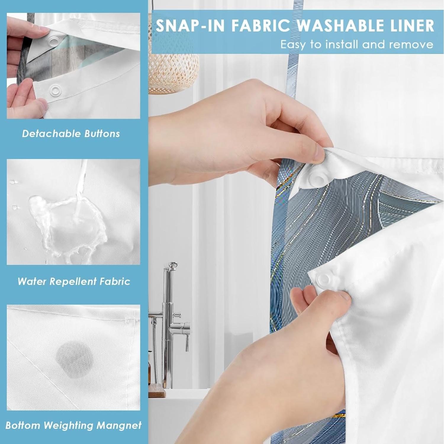 1PC double-layer large ring shower curtain, blue wavy line interwoven pattern, shower curtain, high-end quick drying hanging curtain, bathroom, curtain, waterproof, mildew proof curtain