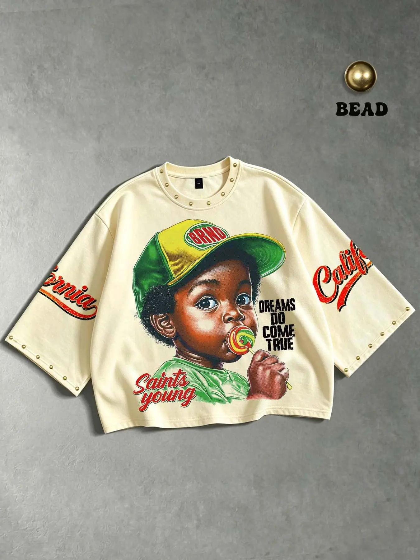 California retro donut-eating boy print men's 3/4 sleeve T-shirt, multiple styles available, unisex short style, trendy online style, slogan print, gold rivet decoration, loose fit, street style, rap, hip-hop men's 3/4 sleeve T-shirt.