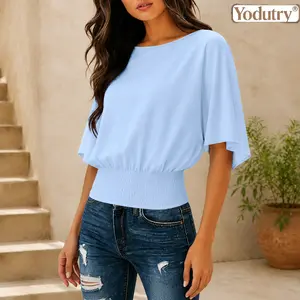 Yodutry  Women's Relaxed Fit Solid Color Crewneck Tee Elegant Batwing Sleeve Smocked Waist Casual Blouse Top Preppy Summer Office Outfit