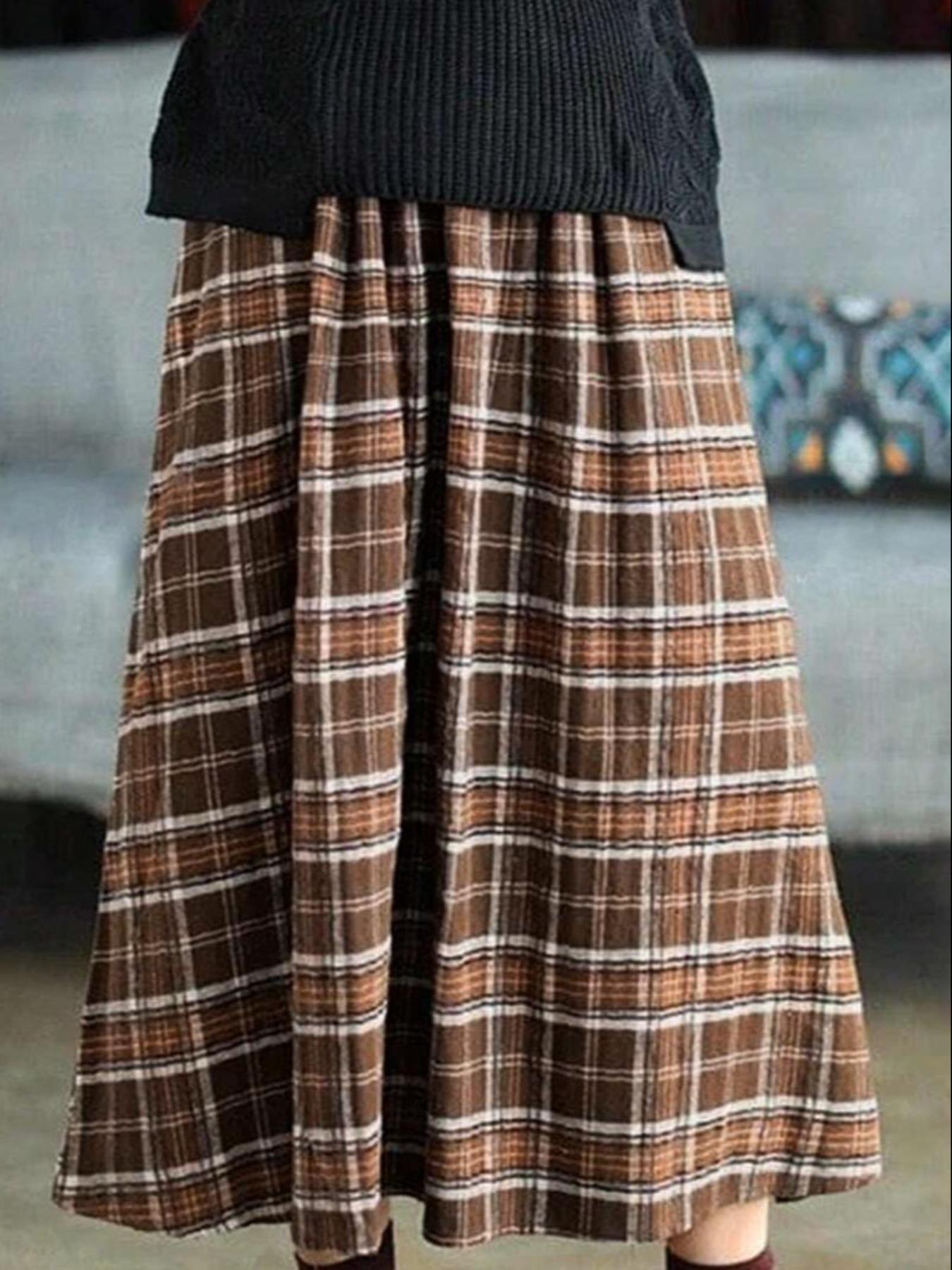 Women's Plaid Woven A-Line Long Dress,flared skirt， Casual Loose Fit Elastic Waist Pocket Design, All-Season Wearable Fashion Skirt