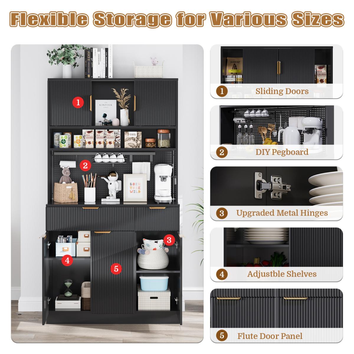 Aobtkel 73" Rectangular MDF Wood Fluted Texture Kitchen Pantry Cabinet - Single Unit with Storage, Charging Hub Station, DIY Pegboard Includes Kits, Anti-Tip Base for Living Room Microwave Stand Hutch, Black, Pantry Organization