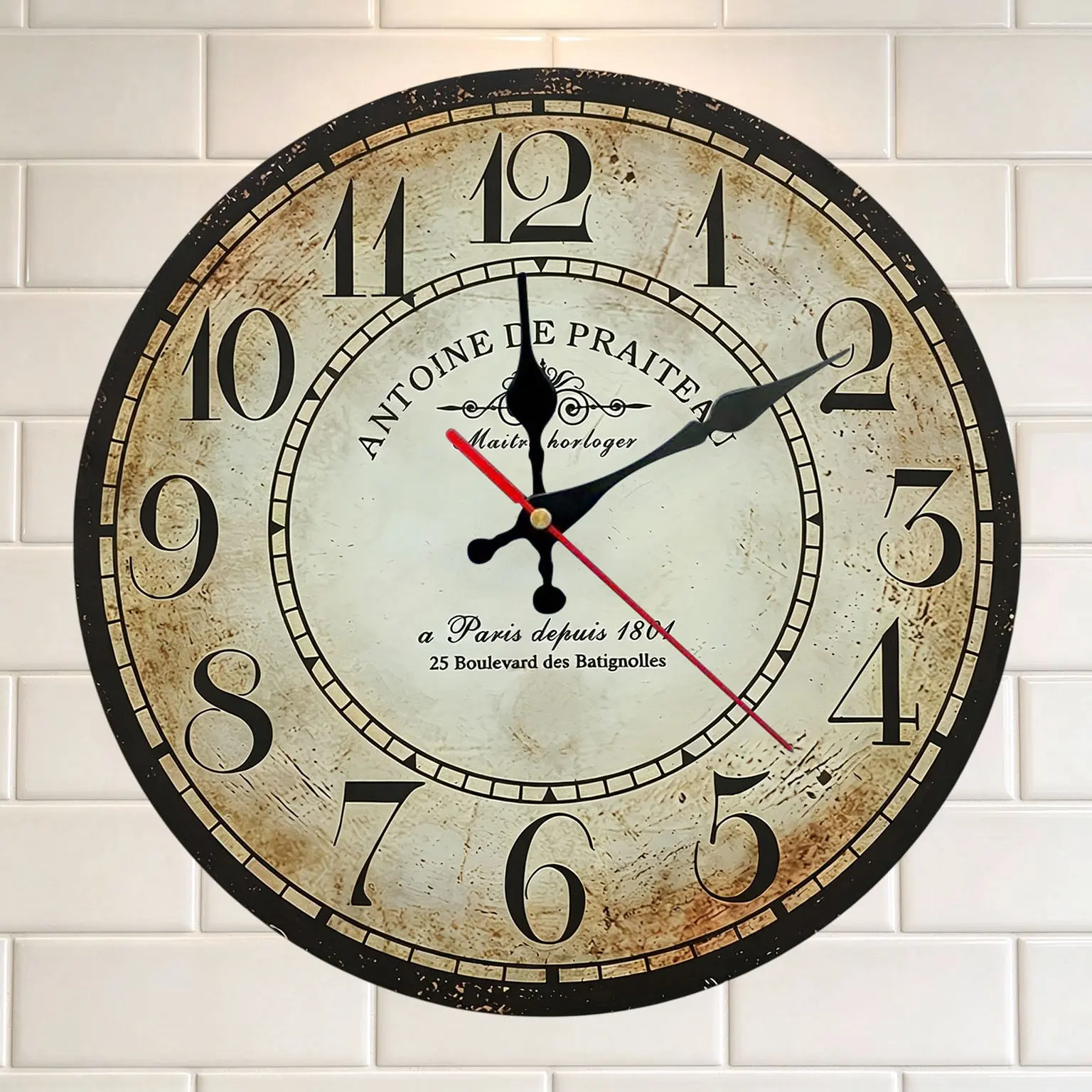Vintage Paris Style Printed Acrylic Wall Clock, Antique Distressed Round Silent Non-Ticking Quartz Clock, Retro European Farmhouse Hanging Clock Decor for Living Room Kitchen, Classic Home Wall Art, Ideal Housewarming Gift