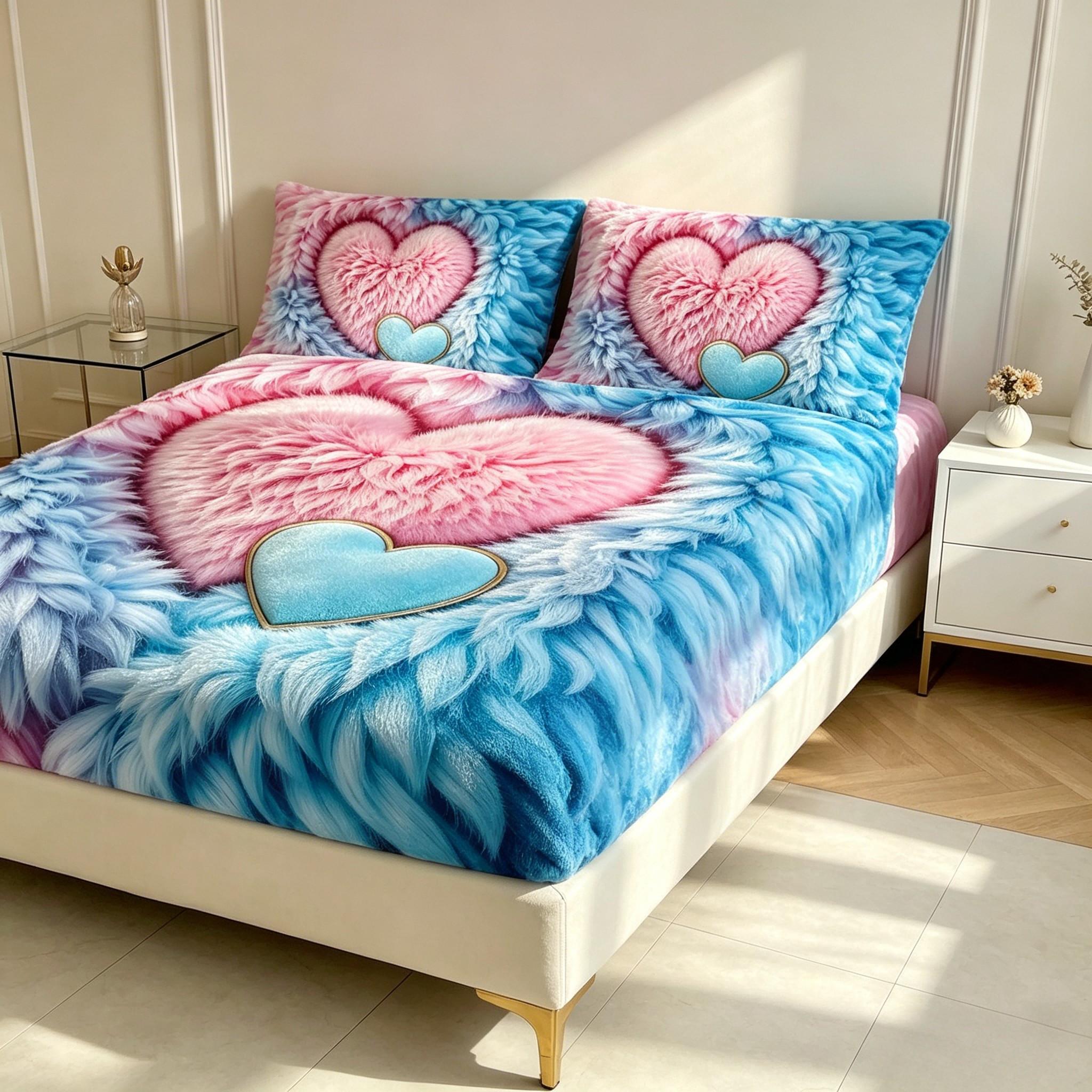 3D Plush Heart Bed Skirt, Full Coverage Non-Slip Mattress Protector, Soft Skin-Friendly All-Season Bed Cover, Student Dorm Home Use