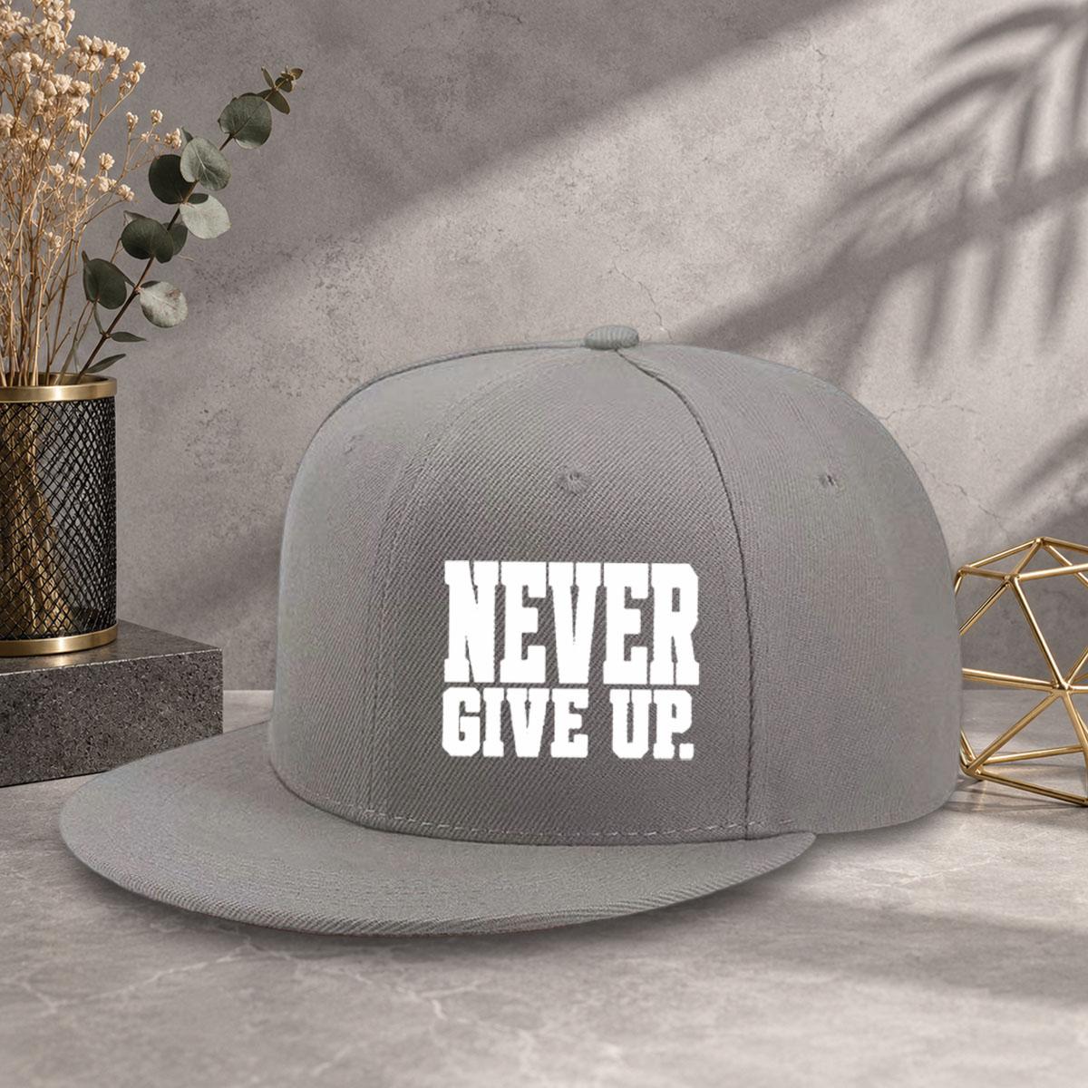 Unisex baseball cap with minimalist text "Never Give Up" printed flat brim design, multiple colors to choose from, adjustable size with code