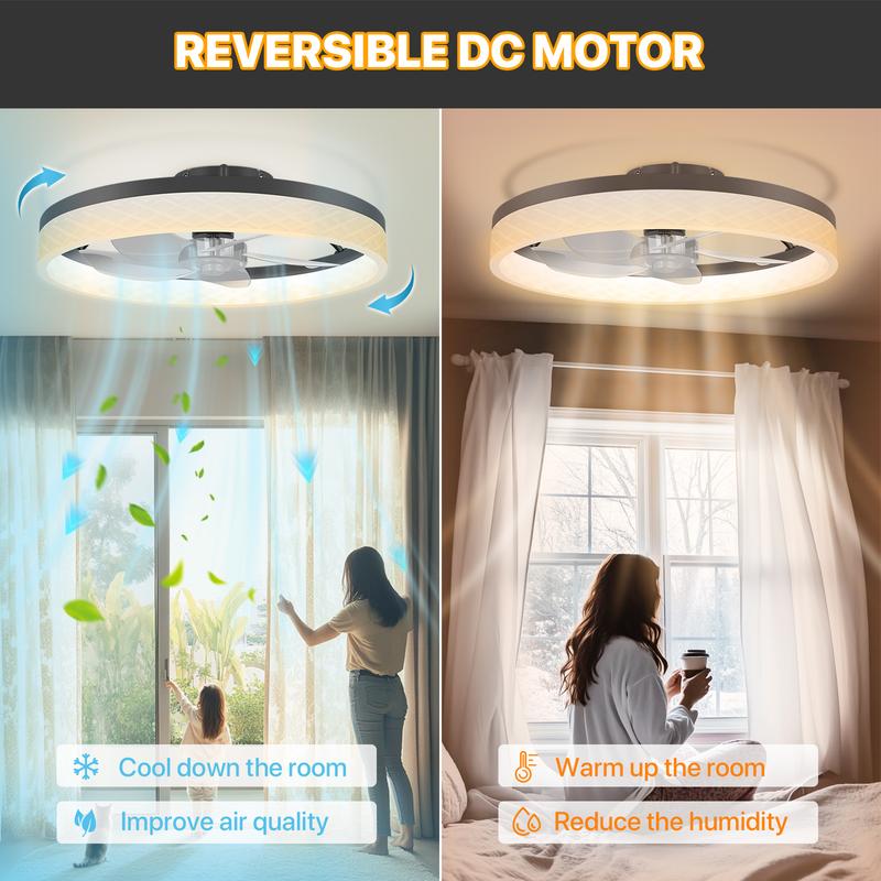 HYPERLITE Ceiling Fans with Lights - 19.7 Inch Flush Mount Ceiling Fan with Remote, 6 Wind Speeds, Reversible DC Motor, Dimmable LED Light with 3 CCT, Modern Ceiling Fan for Bedroom, Kitchen, Black，White，Adjustable Rgb Lighting，Jumpstart newyear
