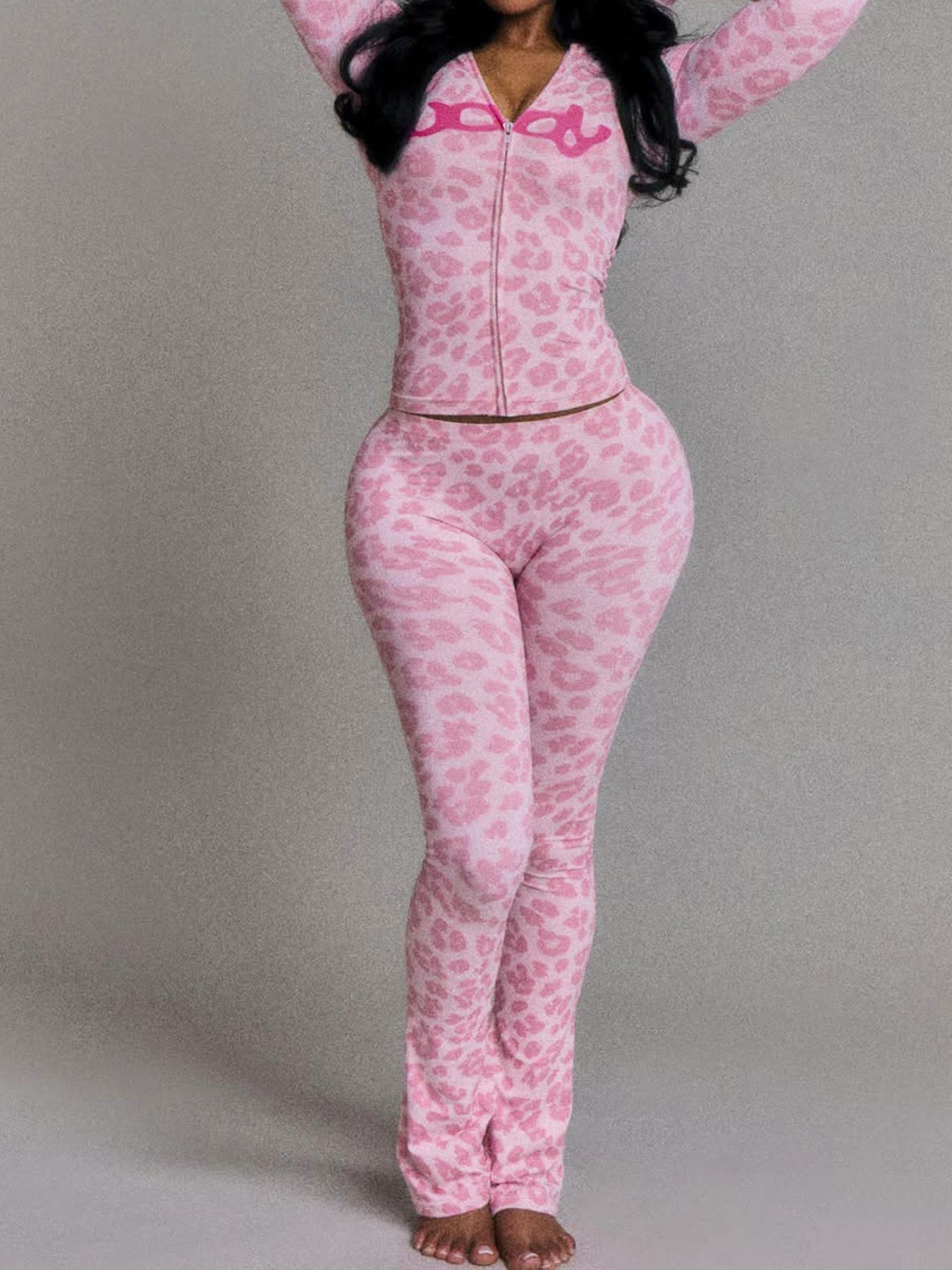 Two Piece Set Women's Fashion Hooded Camo Leopard Print Long Sleeve Slim Fit Pants Set, Casual Fall & Winter, Womenswear, Sportswear, Animal Pattern Sportswear