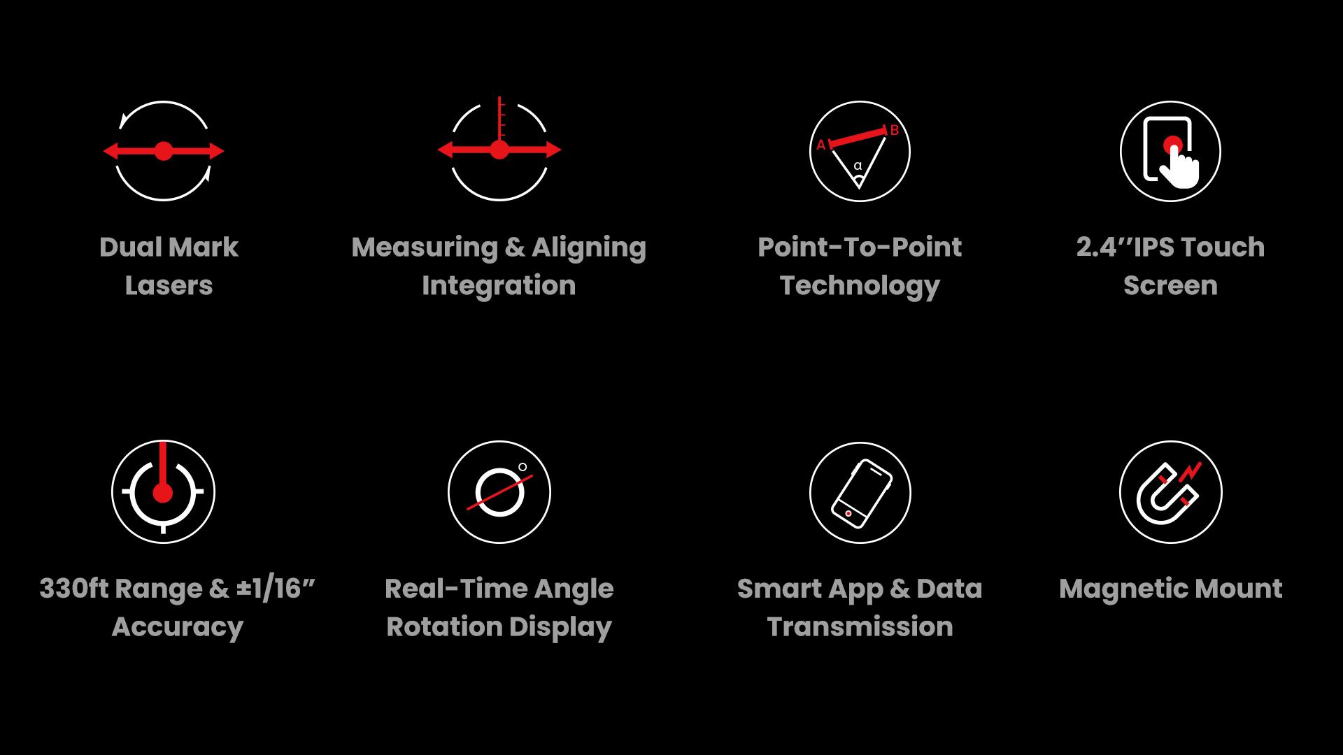 Mileseey D9 Pro 330Ft Professional Laser Measurement Tool, equipped with an IPS touchscreen interface, point-to-point measurement, live angle display, APP sync support, and a laser measuring tool with a visual aligning indicator. Rechargeable Range Finder
