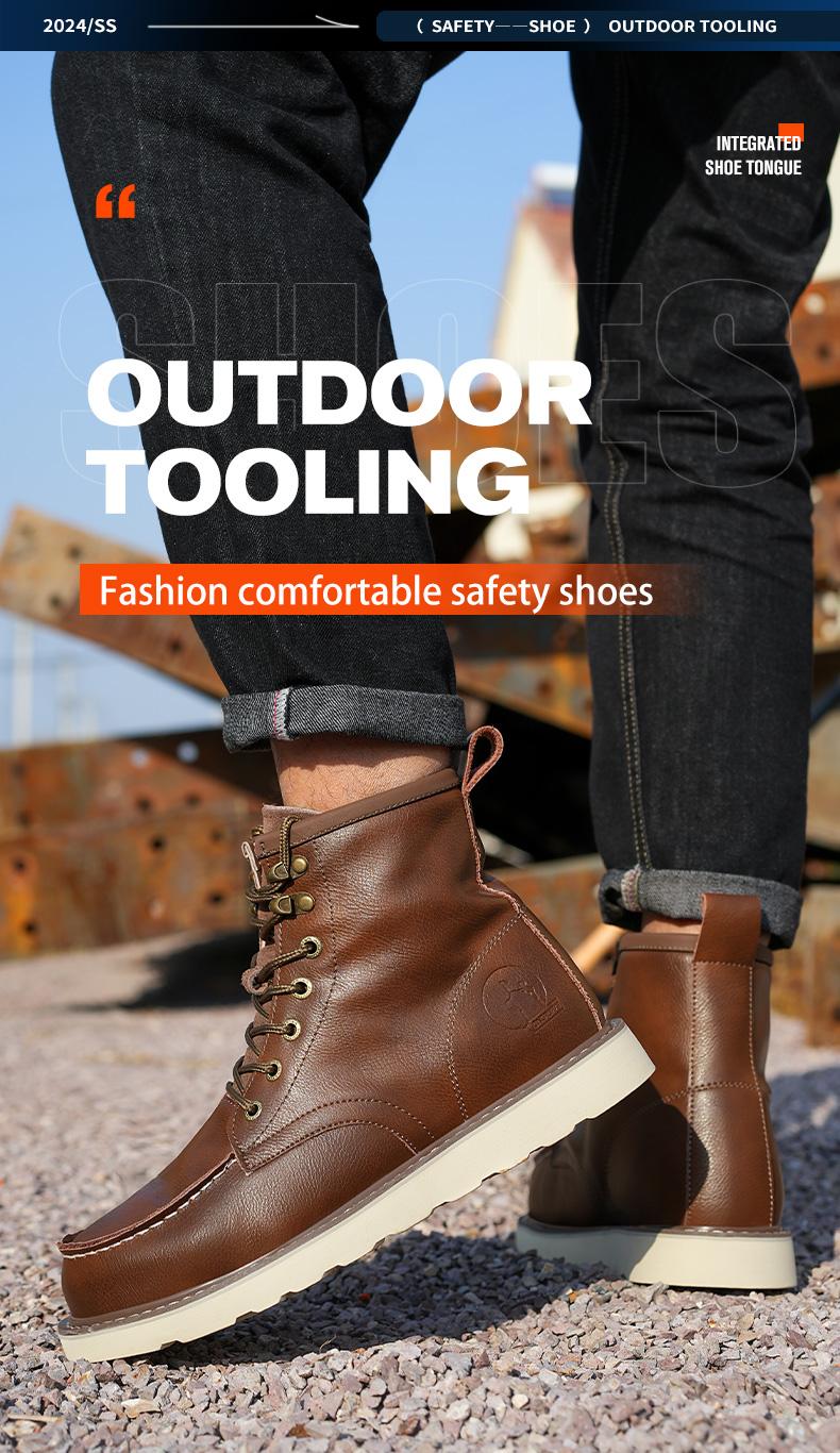 Men's Workwear - style Steel - toe Sports Non - slip Work Shoes, High - top Leather Safety Boots, with Anti - smashing, Anti - piercing, Shock - absorbing and Wear - resistant Properties. Footwear, Fathersday Gift. Classic Boy Closed