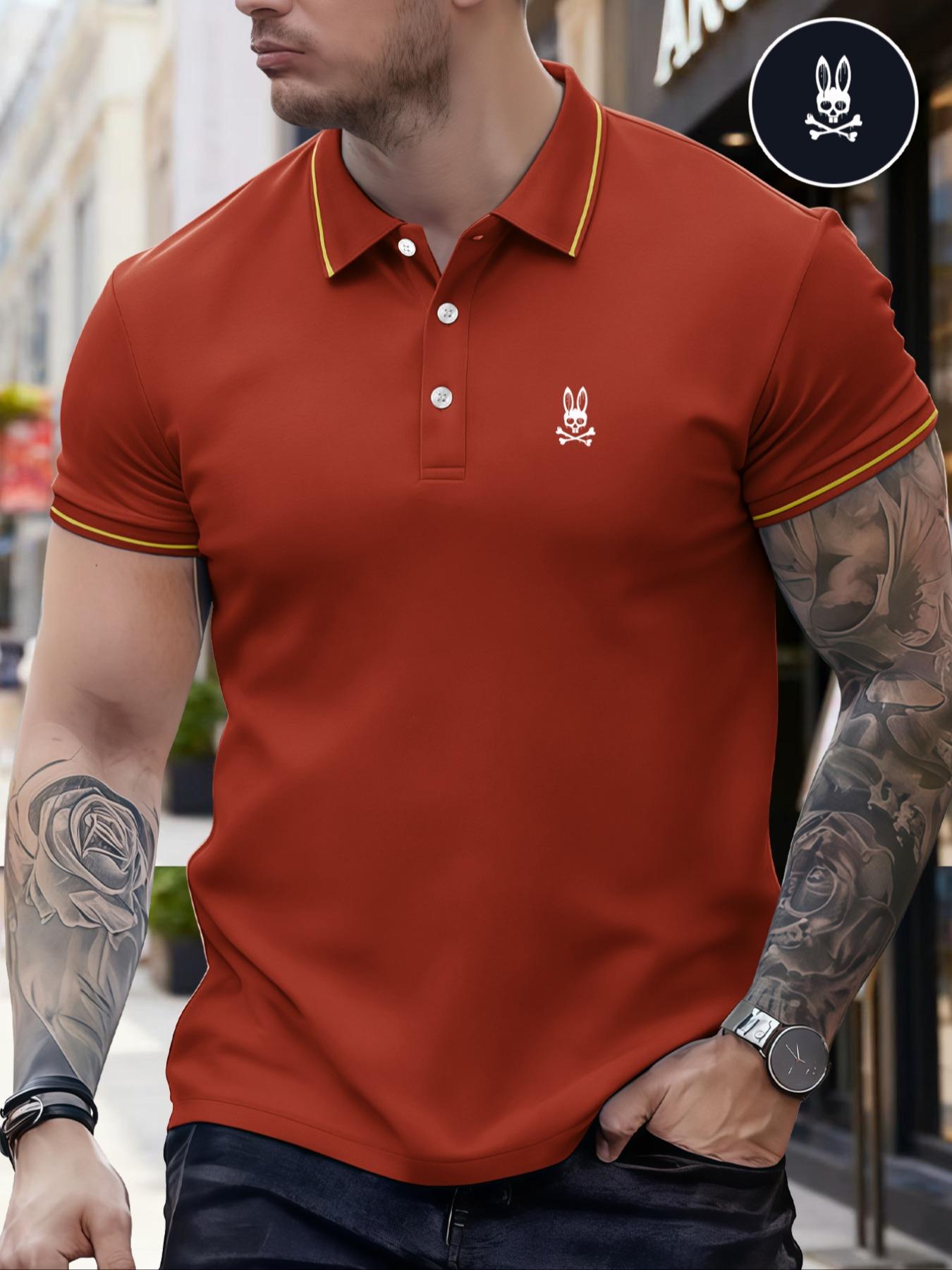 Men's Regular Fit Letter Print Skull Rabbit Contrast Trim Polo Shirt, Casual Short Sleeve Half Zip Top for Summer, Fashion Men's Clothes for Daily Wear, Menswear