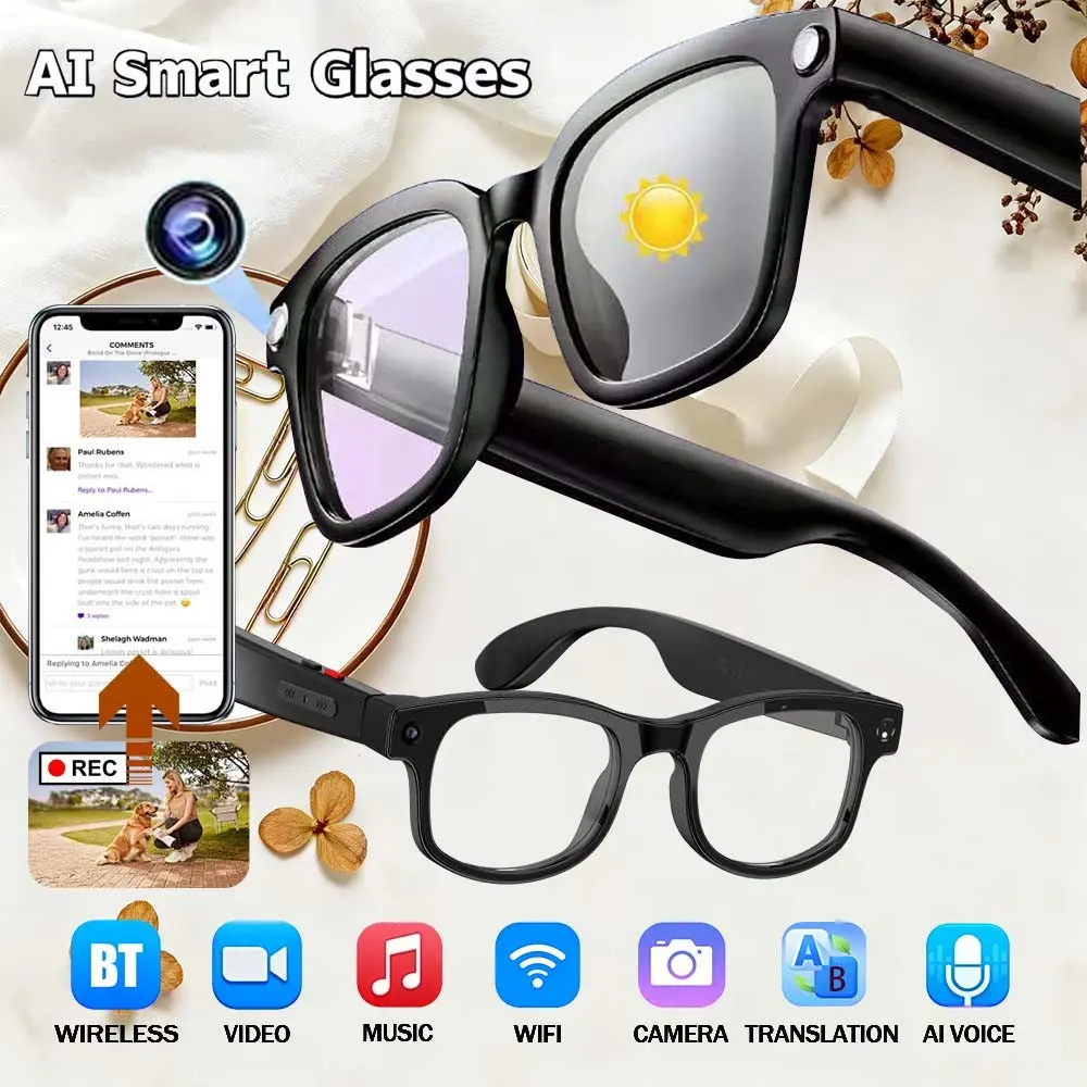 Smart Al Camera Glasses With Button Style Touch Control For Video Recording Travel Outdoor Exploration Support Real Time Translation Multiple Languages They Feature BT Wireless Connection Wearable Functionality & UV Protection Wearable Tech Glasses
