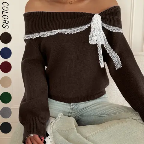 Women's off Shoulder Lace Bow Long Sleeve Pullover Sweater, Cute Knit Top for Fall & Winter, Casual Fashion Stylish Sexy Dating Sweater Top for Ladies, Women Fall Outfit, Cute Winter Sweater for Women, Autumn Knitwear, Going Out Tops Feminine