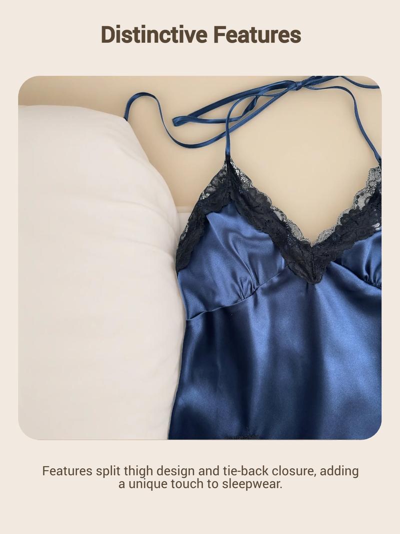 Two-piece Set Women's Solid Belted Satin Robe & Contrast Lace Split Thigh Cami Nightdress Pyjama Set, Elegant Comfy Drop Shoulder Long Sleeve Robe & Cami Nightdress Pj Set, Women's Sleepwear for Spring & Fall, Lady