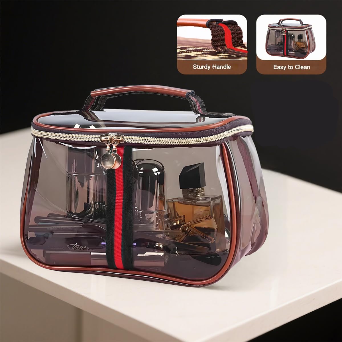 New Retro Vintage Vanity Bag, Makeup Organizer for Women, Ladies Travle Storage Case, Transparent Toiletry Bag, Portable Skincare Storage Case (Brown)