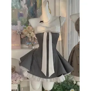 Summer New Vintage Elegant Woman Dress Strapless Bow Patchwork High Waist Puffy Mini Dress Female French Chic Sexy Outfits 2025