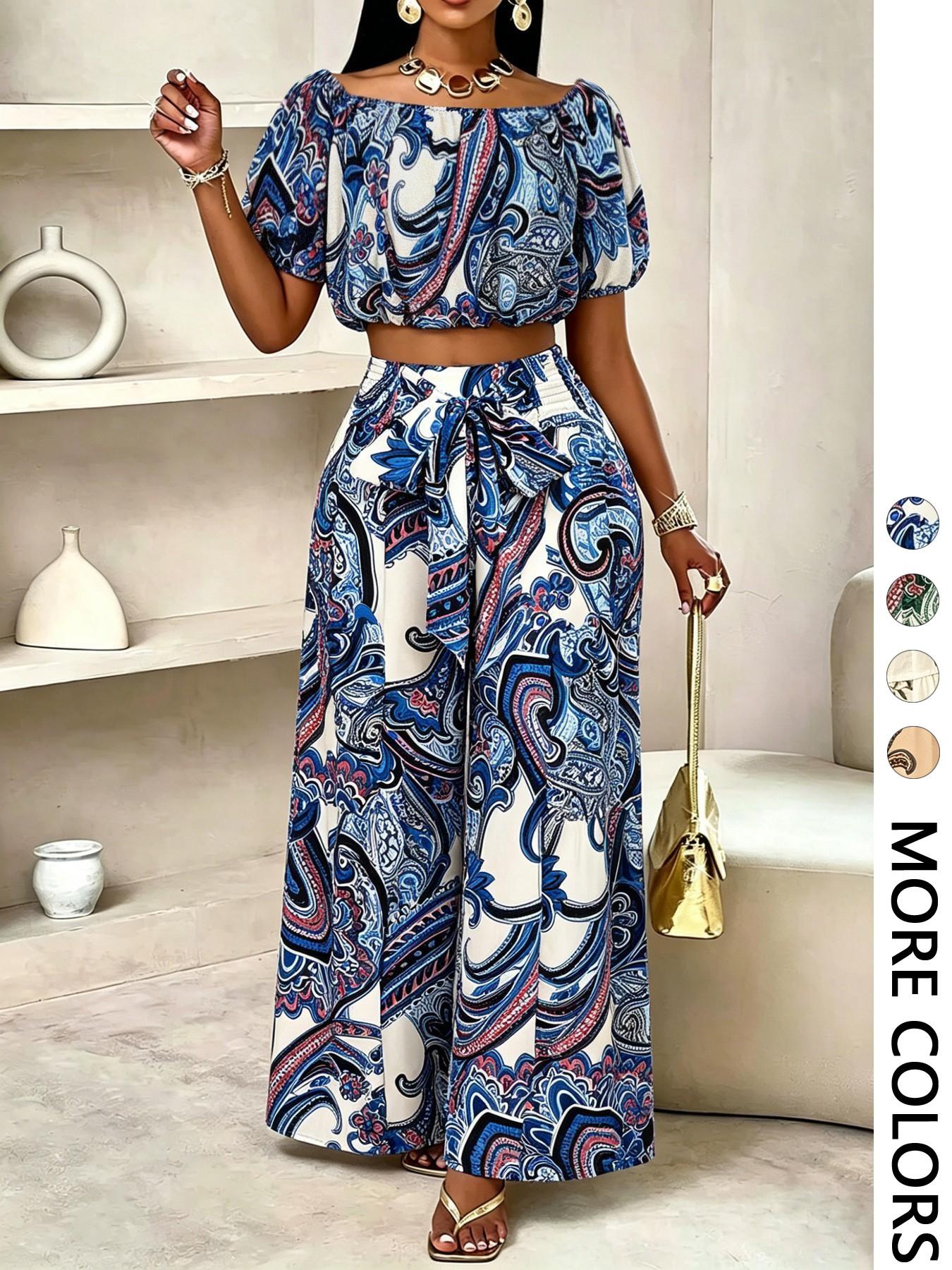 Women's Summer Paisley Print Bohemian Vintage Chic Vacation Two-Piece Set Outfit, Off-Shoulder Bubble Sleeve Crop Top + High Waist Drawstring Wide Leg Pants