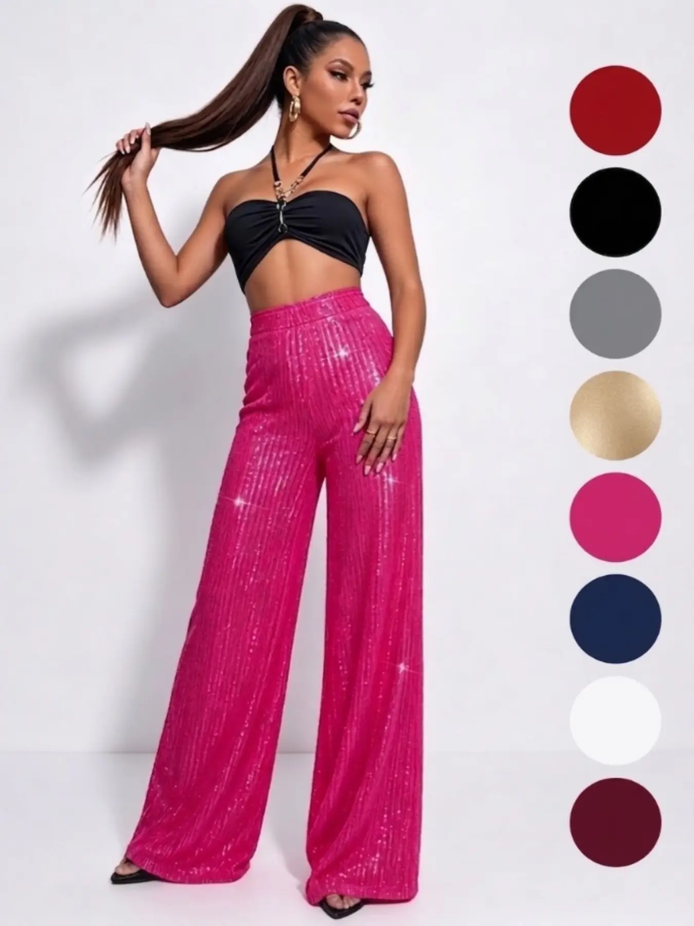 High Waisted Sequin Wide Leg Pants – Sparkly Party Pants for Women, Night Out & Holiday