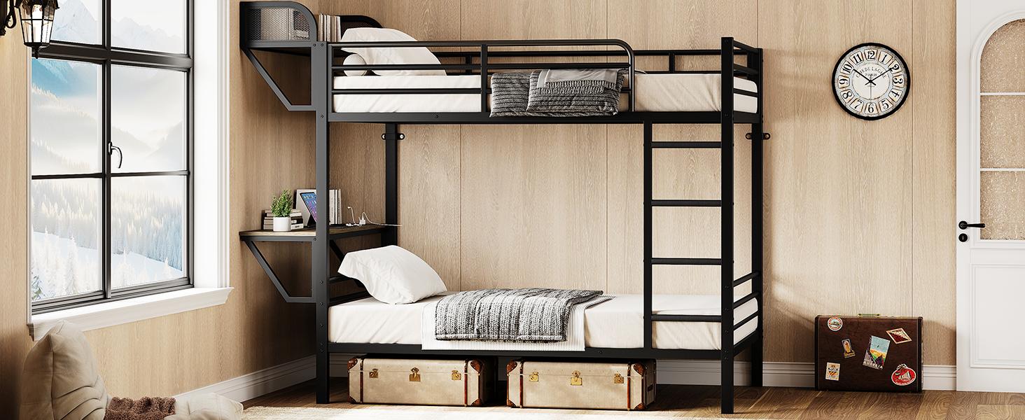 【SPRING GLOW UP】ONBRILL Bunk Bed Twin Over Twin, Metal Bunk Beds with Power Outlets & Desk, Heavy-Duty Bunkbeds Frame with Safety Guardrail & Ladders, Upper Bed with Storage Rack, No Box Spring Needed, for Juniors