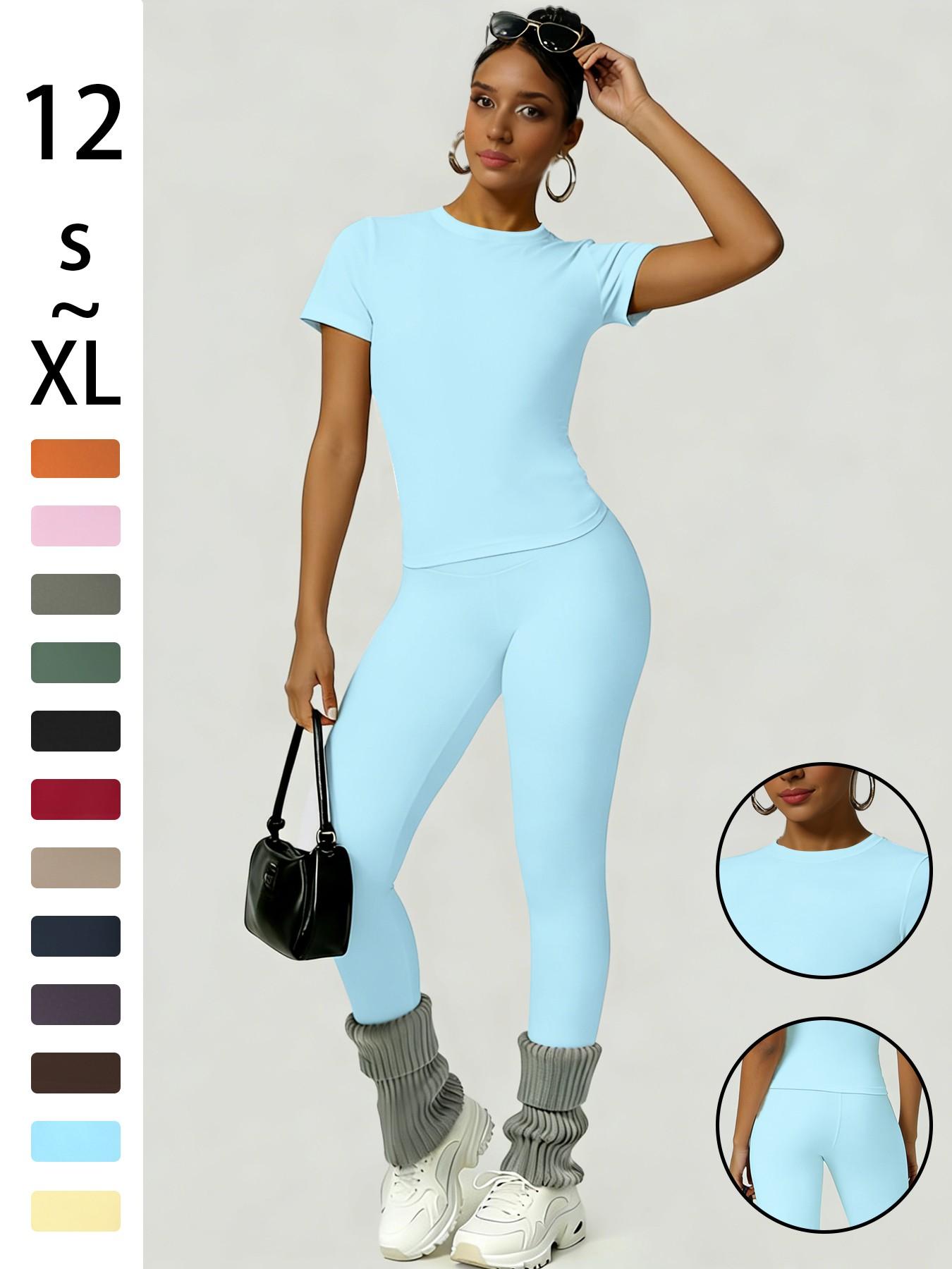 Women's Slim-Fit Round Neck Short Sleeves Top & High-Waisted Yoga Pants Sportswear Set, Ideal for Gym Running and Outdoor Activities