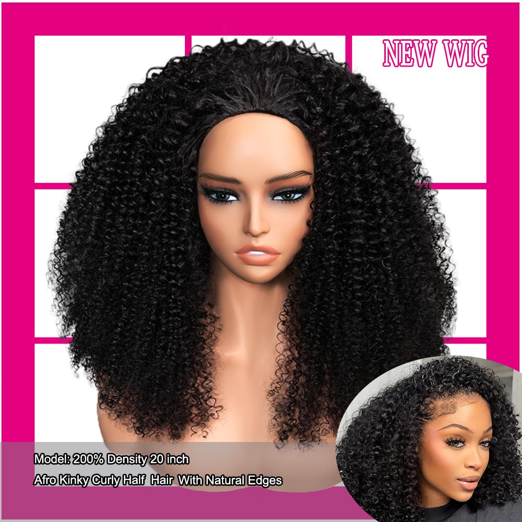 Kinky Curly Half Wig Human Hair 180 Density 3 In 1 Seamless Flip Over Half Wigs Human Hair Glueless Wear and Go Beginner Friendly Kinky Curly Wig Human Hair Drawstring Headband Wig for Women 20 Inch