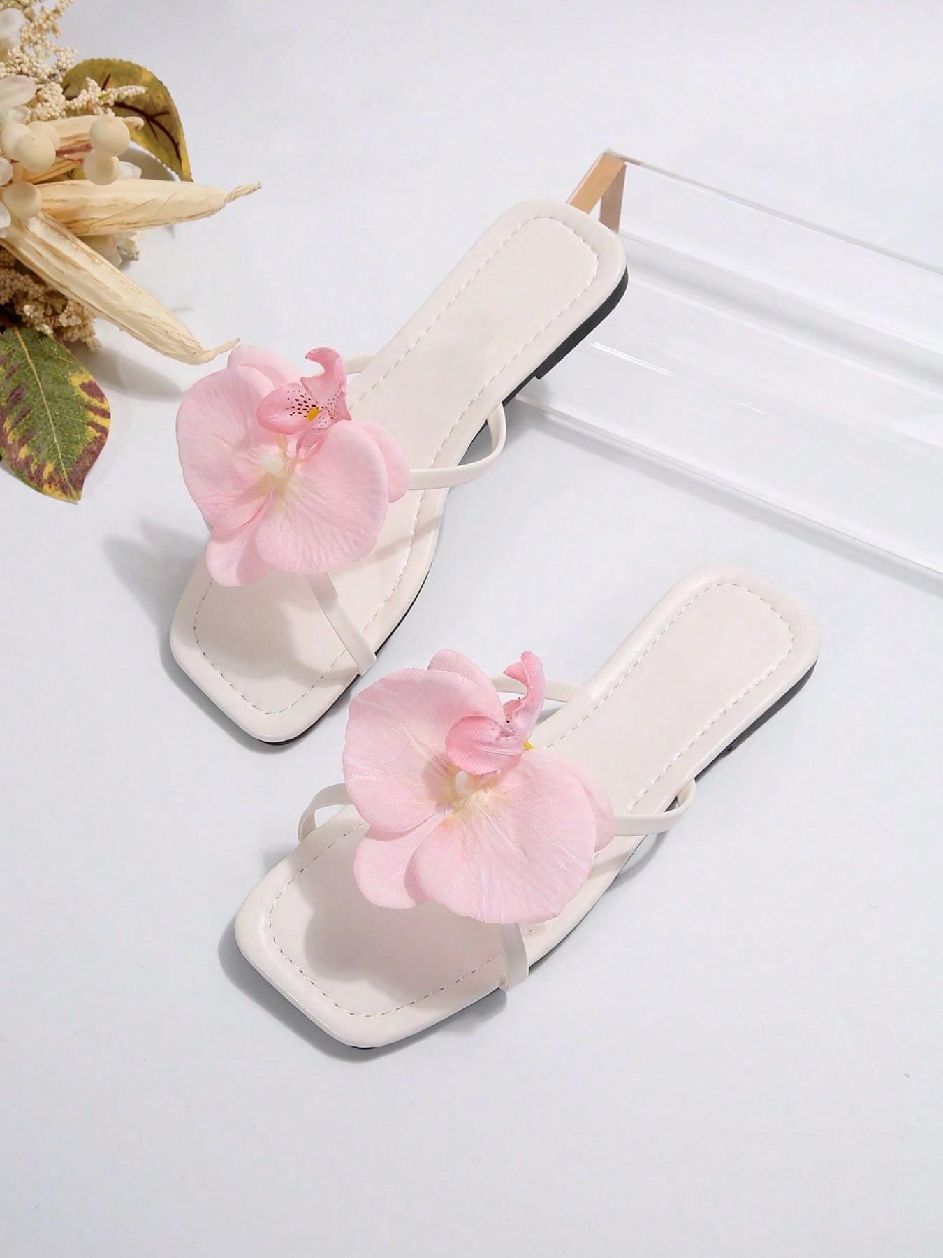 French Flat Flower Elegant Floral Design Sandals for Women, Summer Fashionable Square Toe PVC Shoes, Perfect for Parties, Beach, and Daily Wear, Flat Sole Sandals