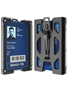 Unisex Aluminum Badge Holder Minimalist Wallet, Durable ID Card Case with Metal Clip and 4 Card Slots, Men & Women Keychain Organizer