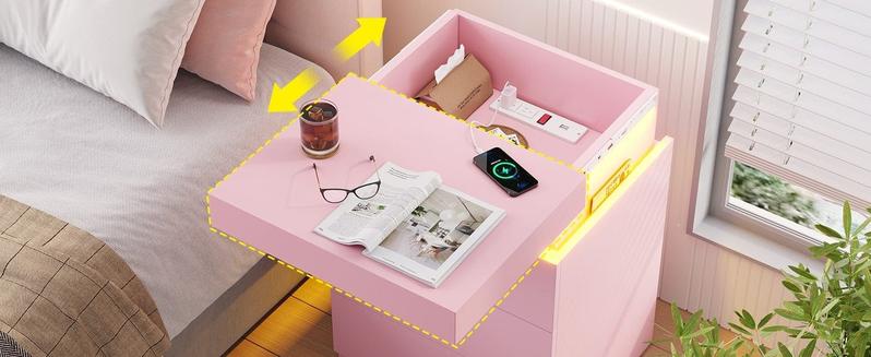 Sikaic Nightstand with LED Lights Charging Station Pink Modern Bedside Table with 3 Storage Drawers and Top Sliding Drawer