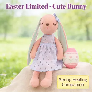 Easter-Themed Sweet Element Rabbit Plush Doll, Rabbit with Egg Patterned Dress & Bow, Soft Plush Fabric, Girls' Festival Gift