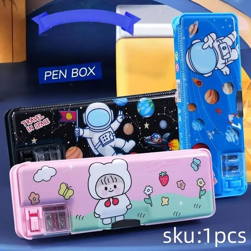 1 pc Multifunctional Pencil Case, Dual Layer Simple Design, Cartoon Pencil Box for Boys and Girls, Elementary School Plastic Pen Holder