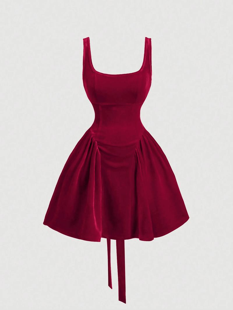 Valentine's Day Women's Casual Solid Color A Line D ress for Christmas Wedding, Sleeveless Square Neck Backless Butterfly Mini Bubble Dress Ladies' Clothing All Season