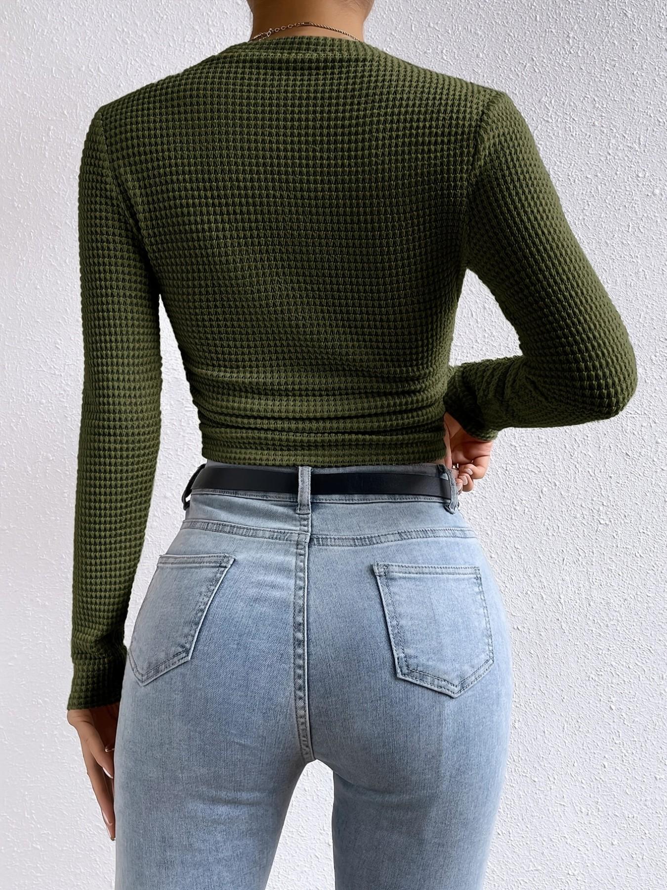 Pure Color Knitted Ruched Side Long Sleeve Fashion Elegant T-Shirt, Slim-Fitting Solid Pattern, All Seasons Wear, Women's Casual Top