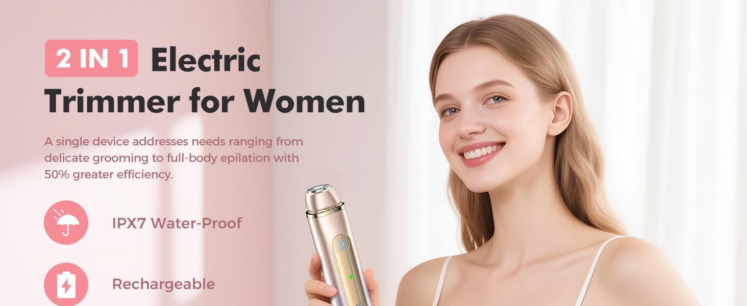 Electric Bikini Trimmer for Women, 1 Set Rechargeable 2 in 1 Body & Facial Hair Removal, Waterproof Wet & Dry Use Trimmer for Women