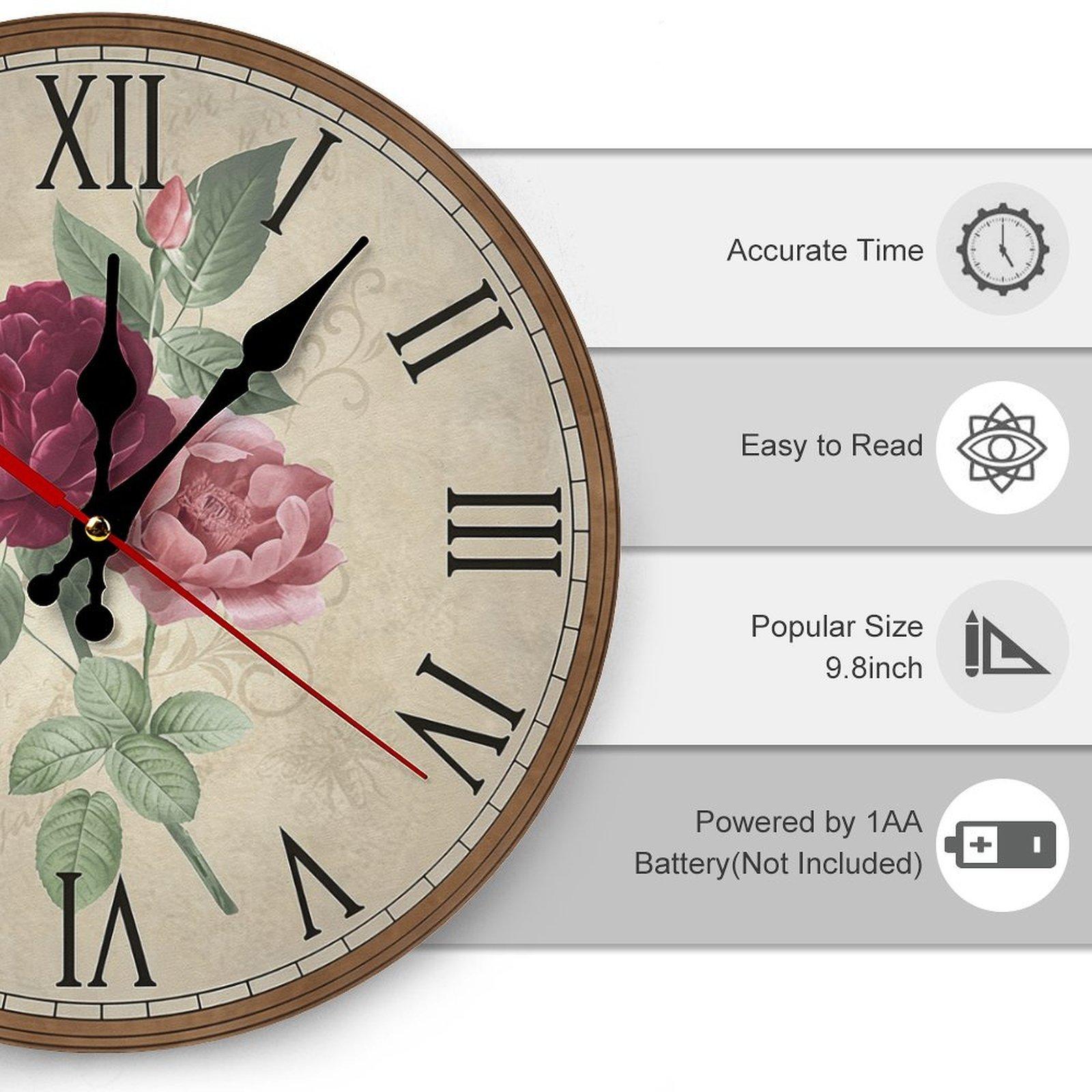 10-12in Blush Pink Rustic Circular Shape Wood Vintage Roman Numeral Quartz Wall Clock, Easy Install, Hangable Flower-Romance French Country Shabby Chic Farmhouse Bedroom Decor, Birthday Gift (Assembly Required)