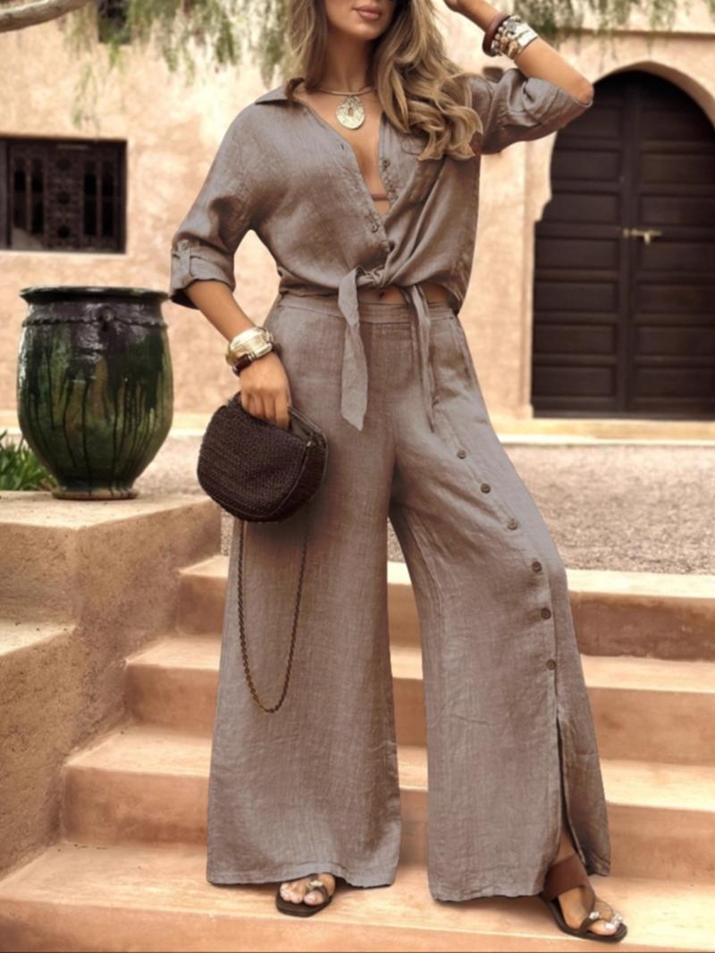 Women's Long Sleeve Loose Fit Shirt Set with Tie Hem, Single Button Decorated Wide Leg Pants, Casual All Season Women's Long Sleeve Loose Fit Shirt Set with Tie Hem, Single Button Decorated Wide Leg Pants, Casual All Season