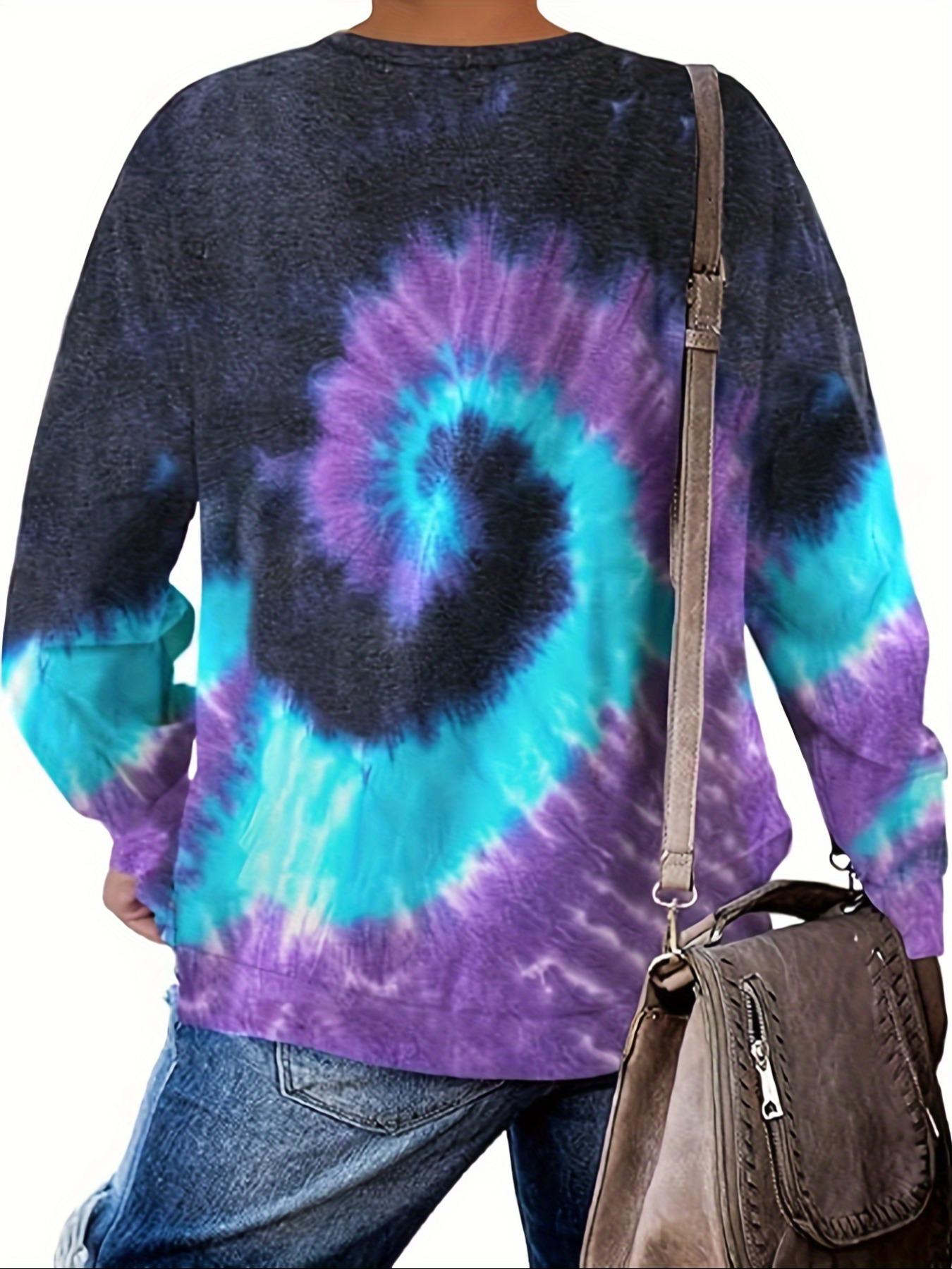 Plus Size Women's Tie Dye Long Sleeve Pullover T-Shirt, Fall/winter Vibrant Print, Round Neck, Polyester Blend