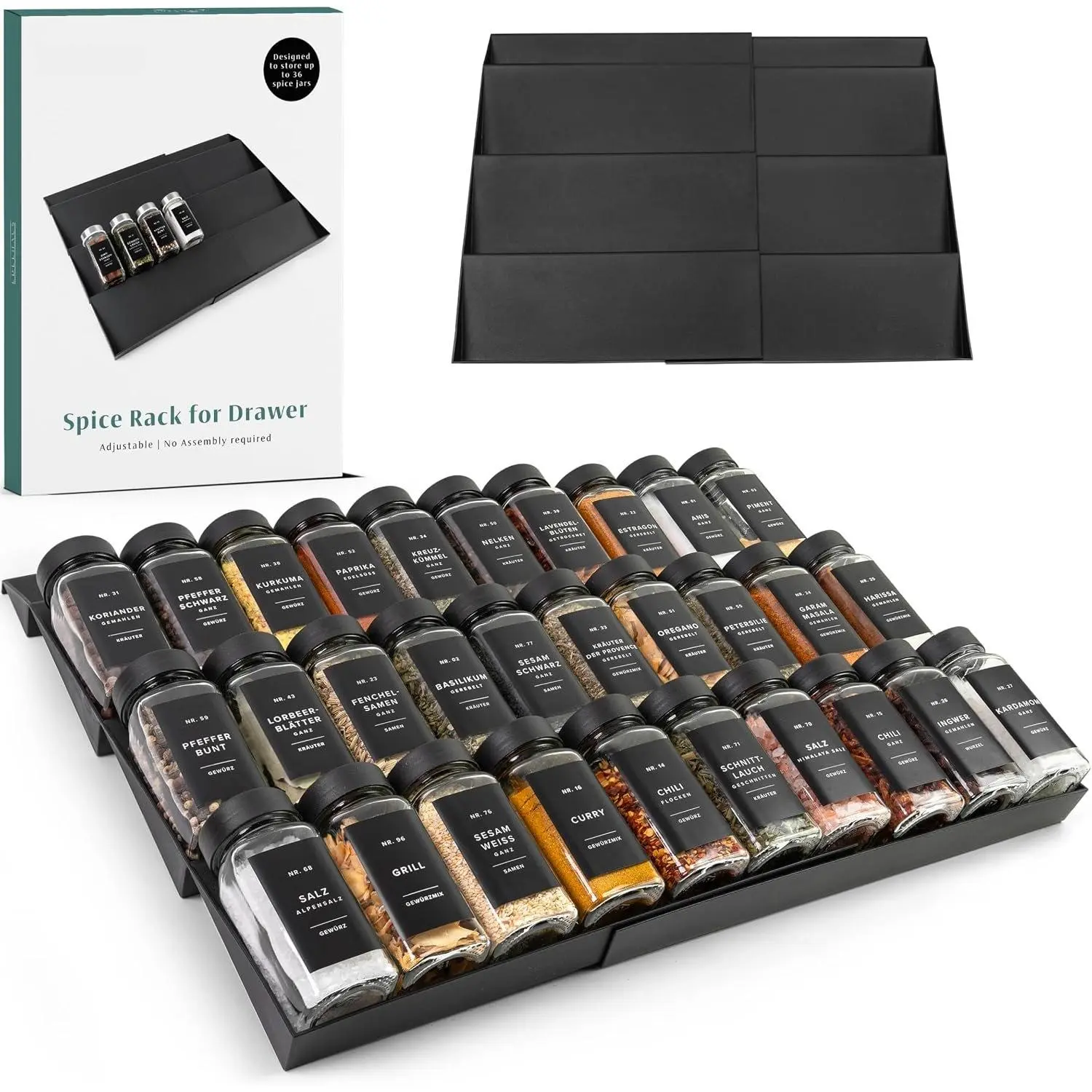 Drawer Organizer - Expandable  Rack for Drawer, Black Seasoning Organizer for Drawer  Organizer,  Organization Seasoning rack insert for Cabinet (Jars Not Included)