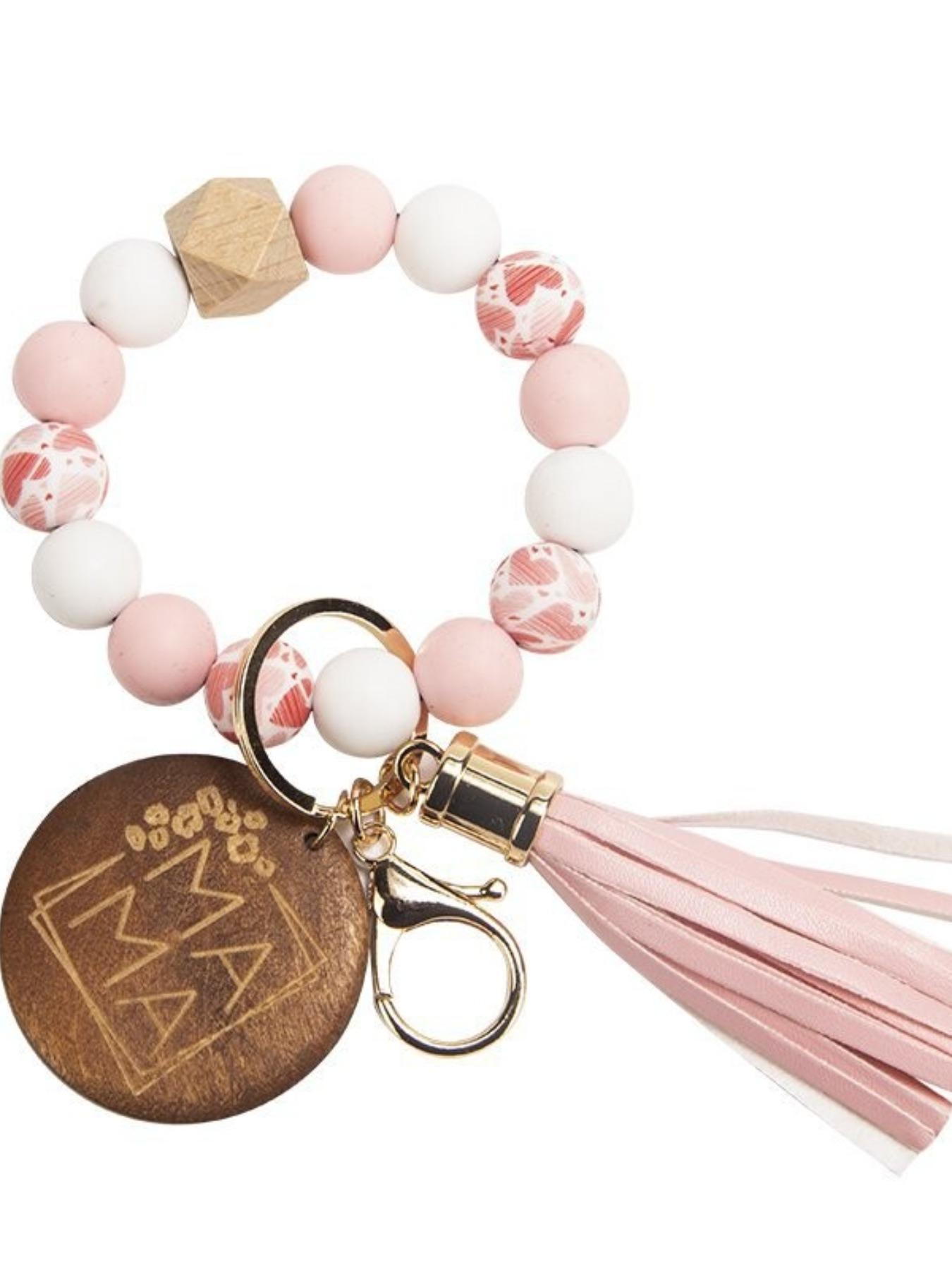 Mother's Day Gift Mama Silicone Bead Wood Slice Fringe Beaded Keychain, Handmade Silicone Bead Bracelet, Elastic Rope Fringe Keychain Bracelet