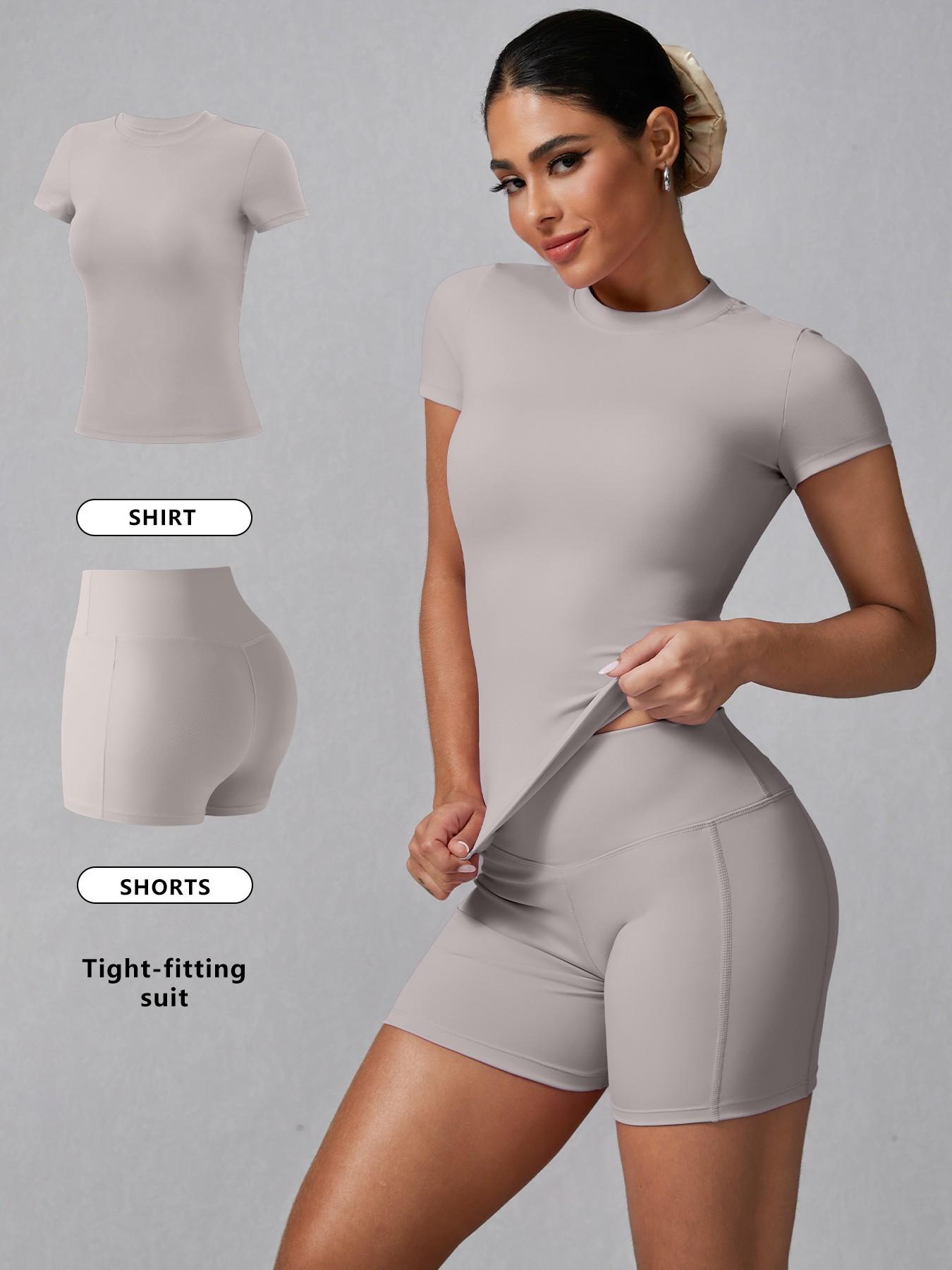 Women's Solid Ribbed Tee & High Waist Shorts Loungewear, Casual Comfy Round Neck Short Sleeve T-Shirt & Skinny Shorts PJ Set, Ladies Sleepwear for Summer, Pajama