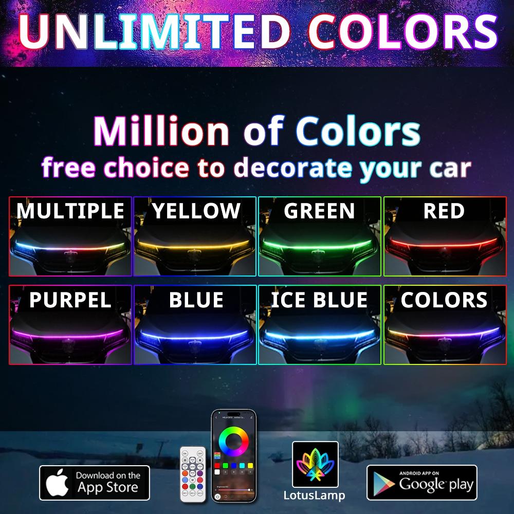 APP-Controlled RGB Dynamic LED Car Hood Light Strip, 1 Count Dynamic Scan Start Up Light Strip with Instruction & Remote Controller, Waterproof Flexible Car Lights, LED Car Ambient Light