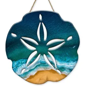Coastal Beach Sand Dollar Front Door Sign, Nautical Ocean Teal Seafoam Wood Plaque Hanger Outdoor Outside Porch Home Decor, Summer Sea Starfish Wooden Wreath Indoor Wall Hanging Decoration