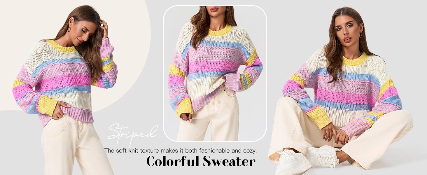 Saodimallsu Womens Color Block Sweater Striped Chunky Knit Cropped Sweaters Crewneck Fall Long Sleeve Loose Pullover Tops Casual Knitwear Saodimallsu Womens Color Block Sweater Striped Chunky Knit Cropped Sweaters Crewneck Fall Long Sleeve Loose Pullover Tops Casual Knitwear