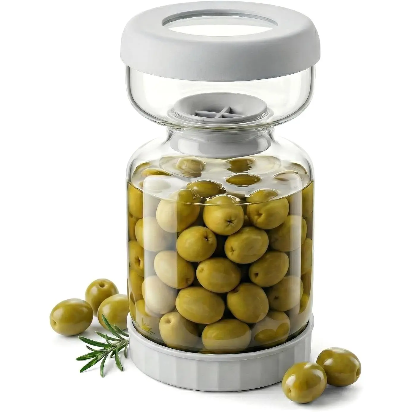 Kitchen Plastic Wide Mouth Pickle & Olive Hourglass Container with Strainer Flip Juice Separator, Leakproof Upgrade-Grade ABS Lid for Airtight Wet-Dry Storage, Flip Separator
