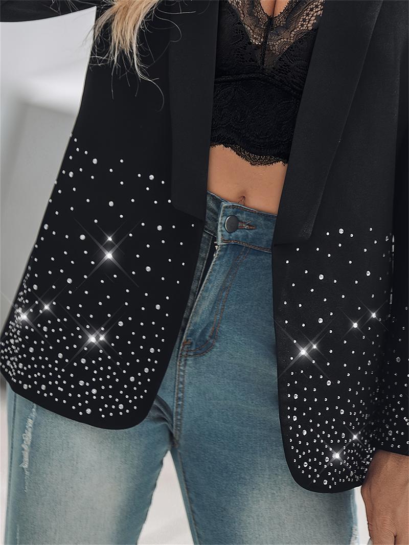 Women's Plain Long Sleeve Blazer Jacket, Elegant Water Drill Decoration, Stylish Business Casual Outerwear for Women