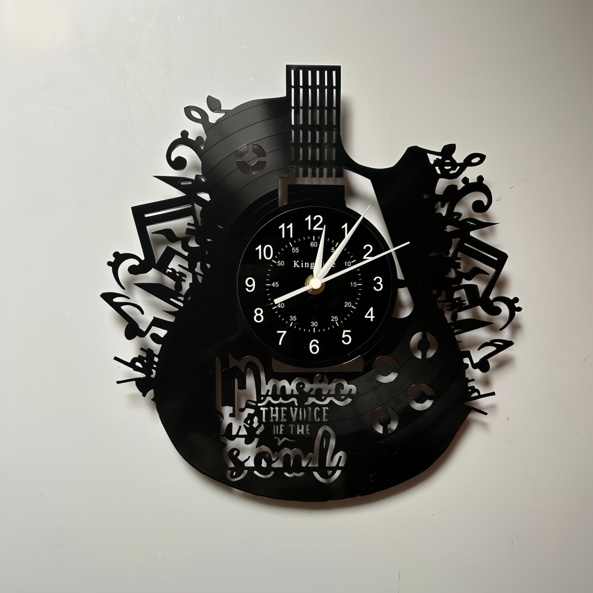 Guitar Shape Vinyl Wall Clock, Musical Notes Design, Inspirational Quote, Artistic Decor for Living Room, Music Room, Studio, Guitar Shop