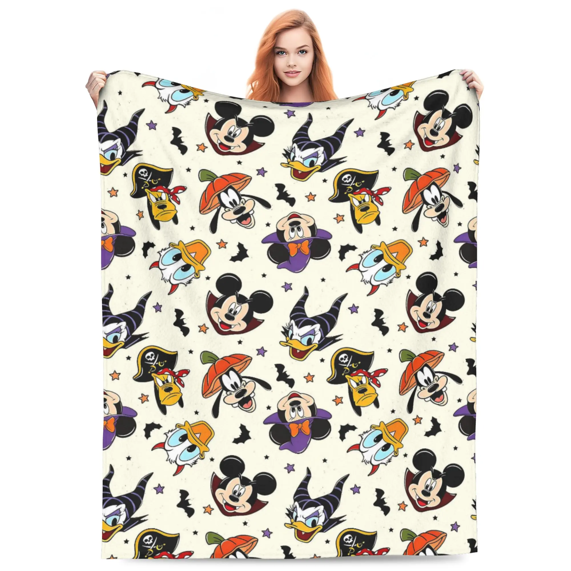 Disney Classic Mickey Friends Halloween Flannel Throw Blanket, All‑Over Print Mickey Minnie Donald Daisy Goofy Pluto Halloween Costumes Bats Stars Cream Background Soft Cozy Blanket for Sofa Bed Holiday Fans Gift