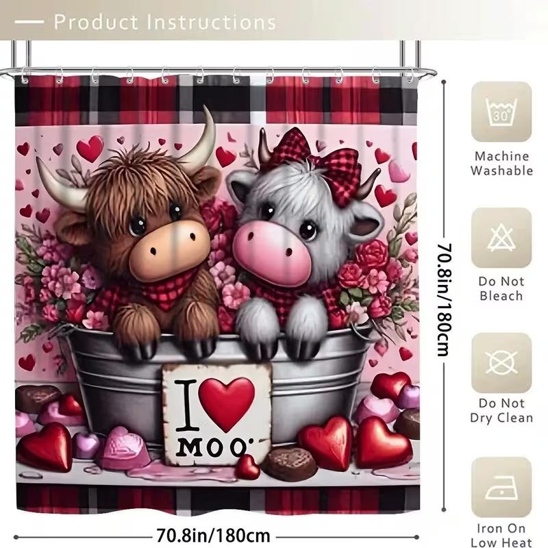 1/4pcs Valentine's Day Highland Bull Pattern Shower Curtain Set, including shower curtain, toilet seat cover, rectangular mat, and U-shaped mat. Perfect for Bathroom Decoration Accessories, beautifying the space. Comes with 12 shower curtain hooks.
